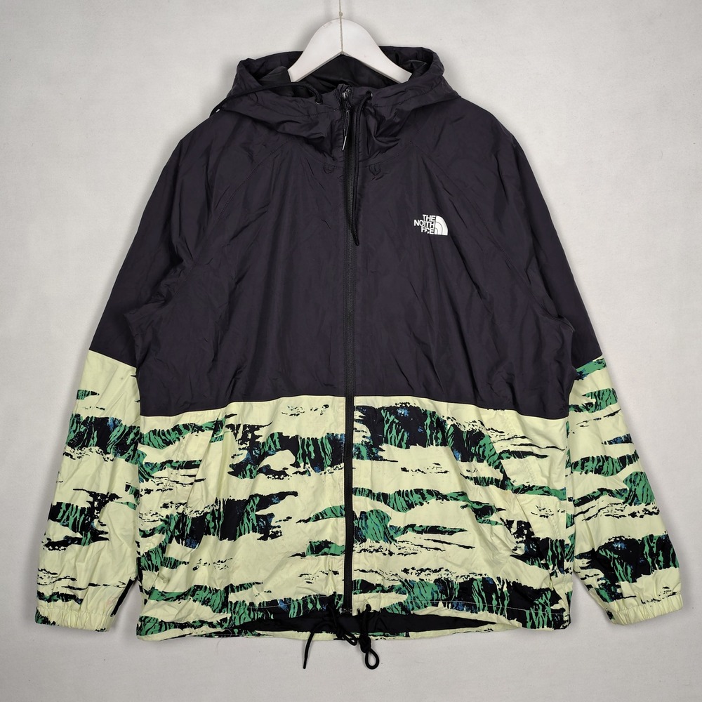 The North Face Mens XXL Windbreaker Jacket Black Lime Green Graphic Print Hooded
